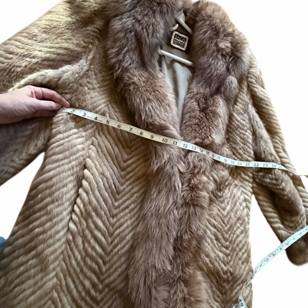 RARE Authentic SAGA Mink Fur Long Coat Camel Brown Herringbone SAGA Fox Trim M - Picture 13 of 14